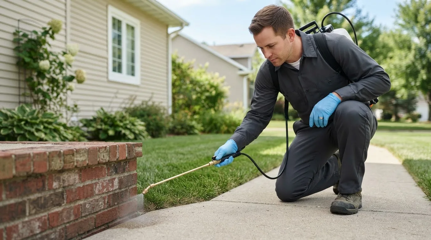 Pest control technician treating a home near Harrisonville, MO