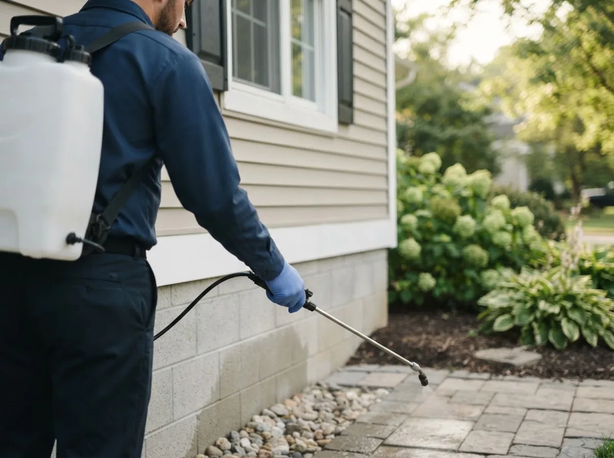 Pest control technician inspecting a home in Harrisonville, MO